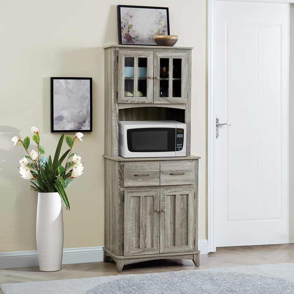Charcoal Microwave Storage Stand with Double Door Top and Bottom Cabinets J99600