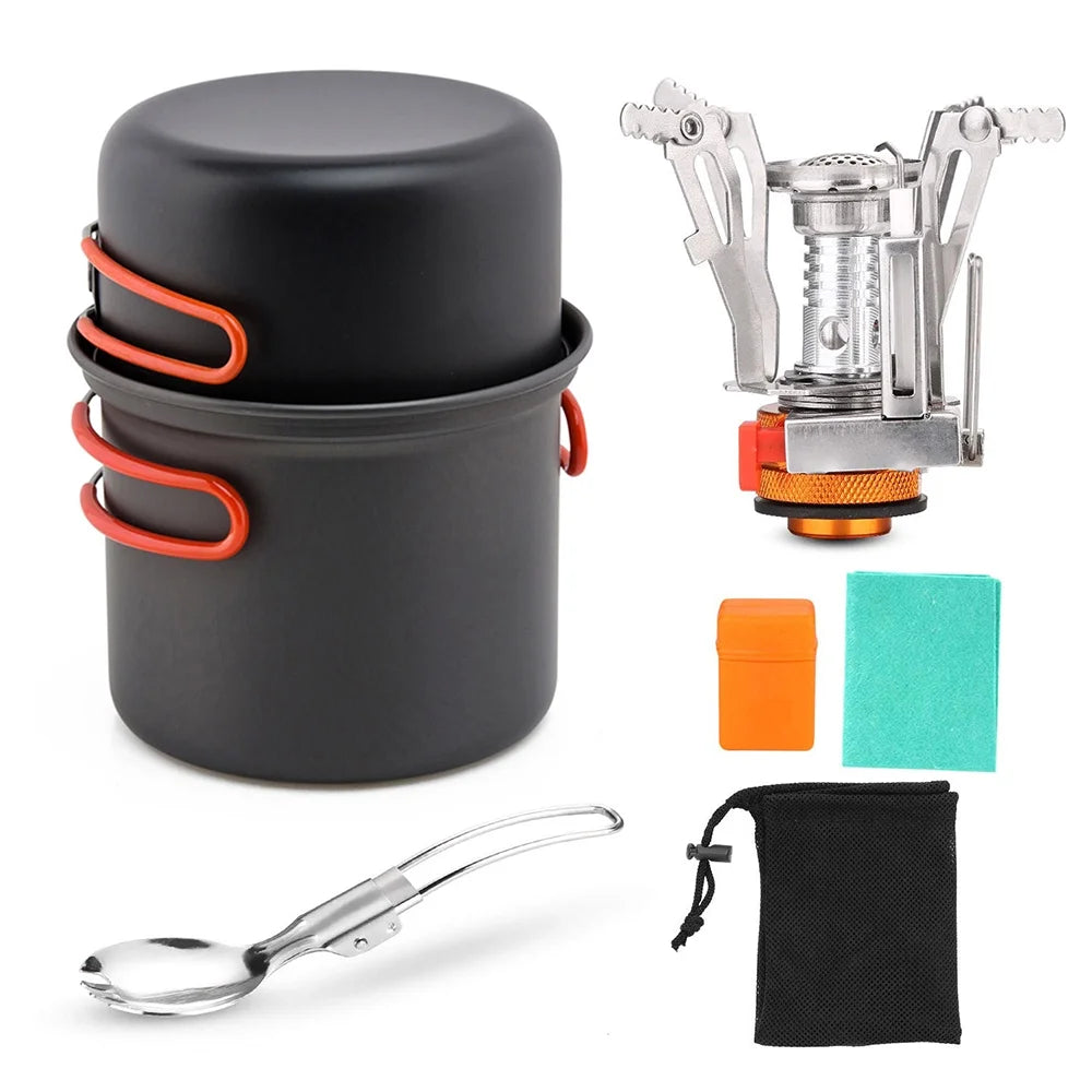Camping Cookware Set with Folding Spork Cooking Pots Dishcloth R161761