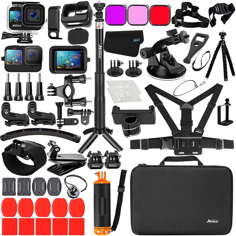 Battery Cover Door Waterproof Housing Silicone Case Glass Screen Protector Grip Pole Bundle for Gopro Hero 10 9 Black U251