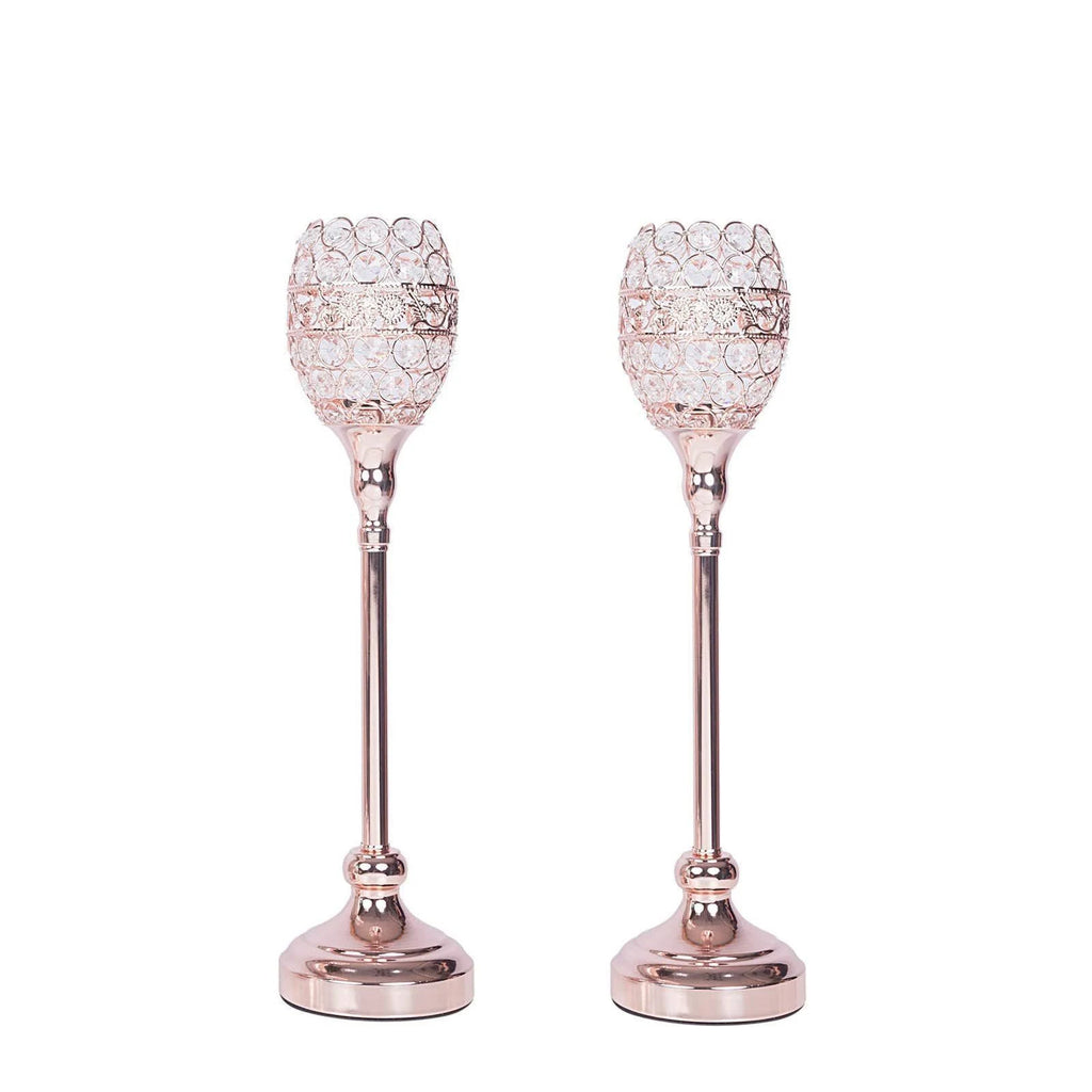 2 Rose Gold 18x22 Tall Faux Crystal Beaded Candle Holders N374
