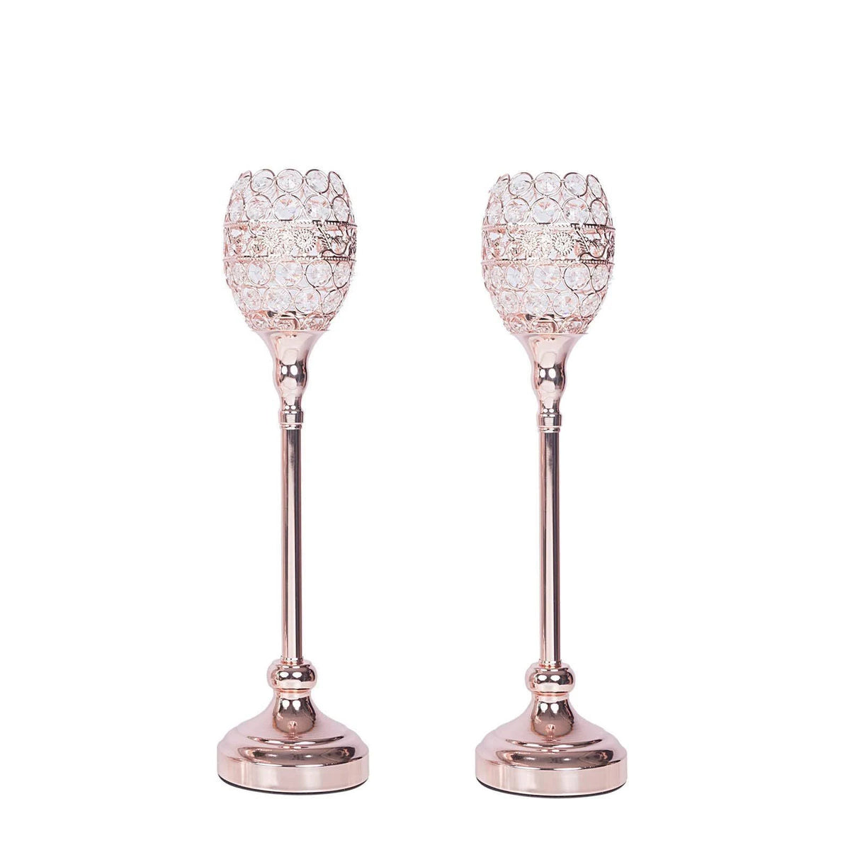 2 Rose Gold 18x22 Tall Faux Crystal Beaded Candle Holders N374