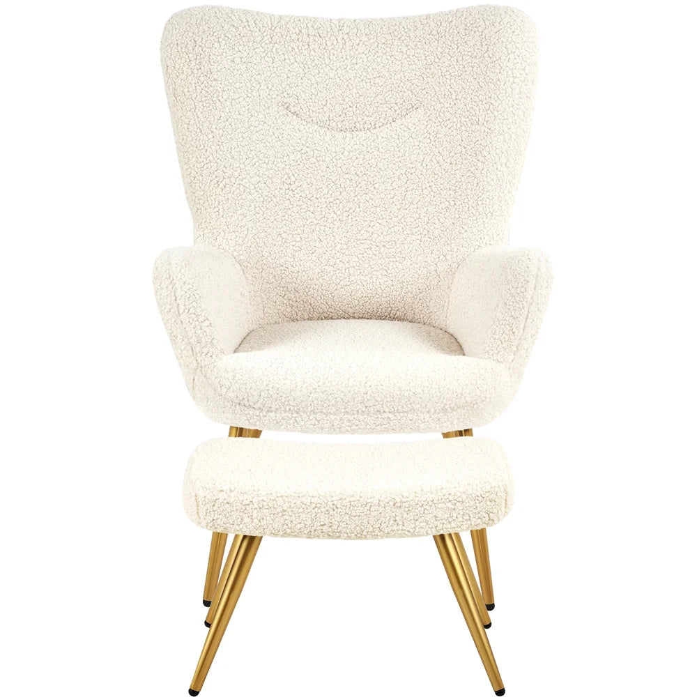 Ivory Boucle Accent Chair and Ottoman Set with Golden Metal Legs A85904