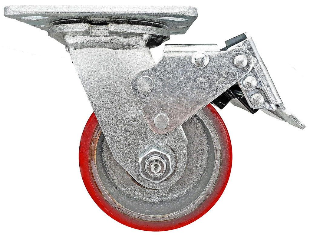 4 x 2 Total Lock Caster Set with Red Polyurethane on Steel Wheel P3612