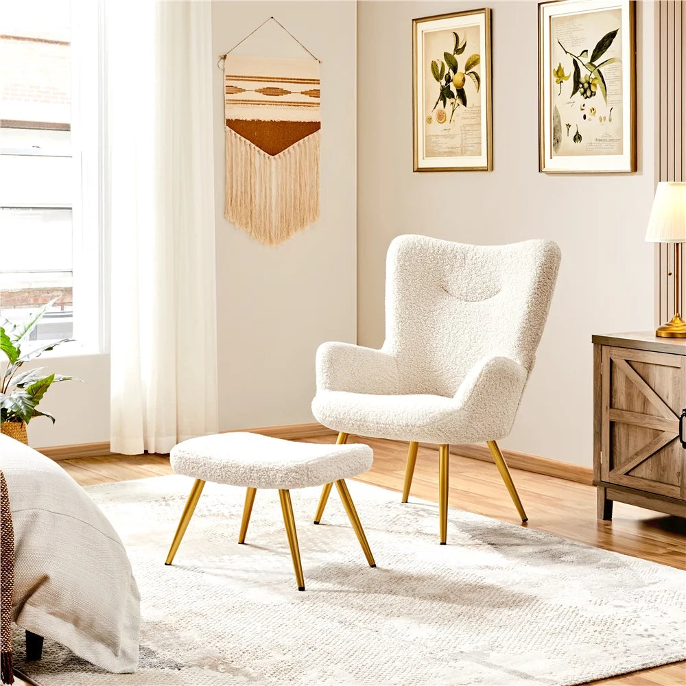Ivory Boucle Accent Chair and Ottoman Set with Golden Metal Legs A85904