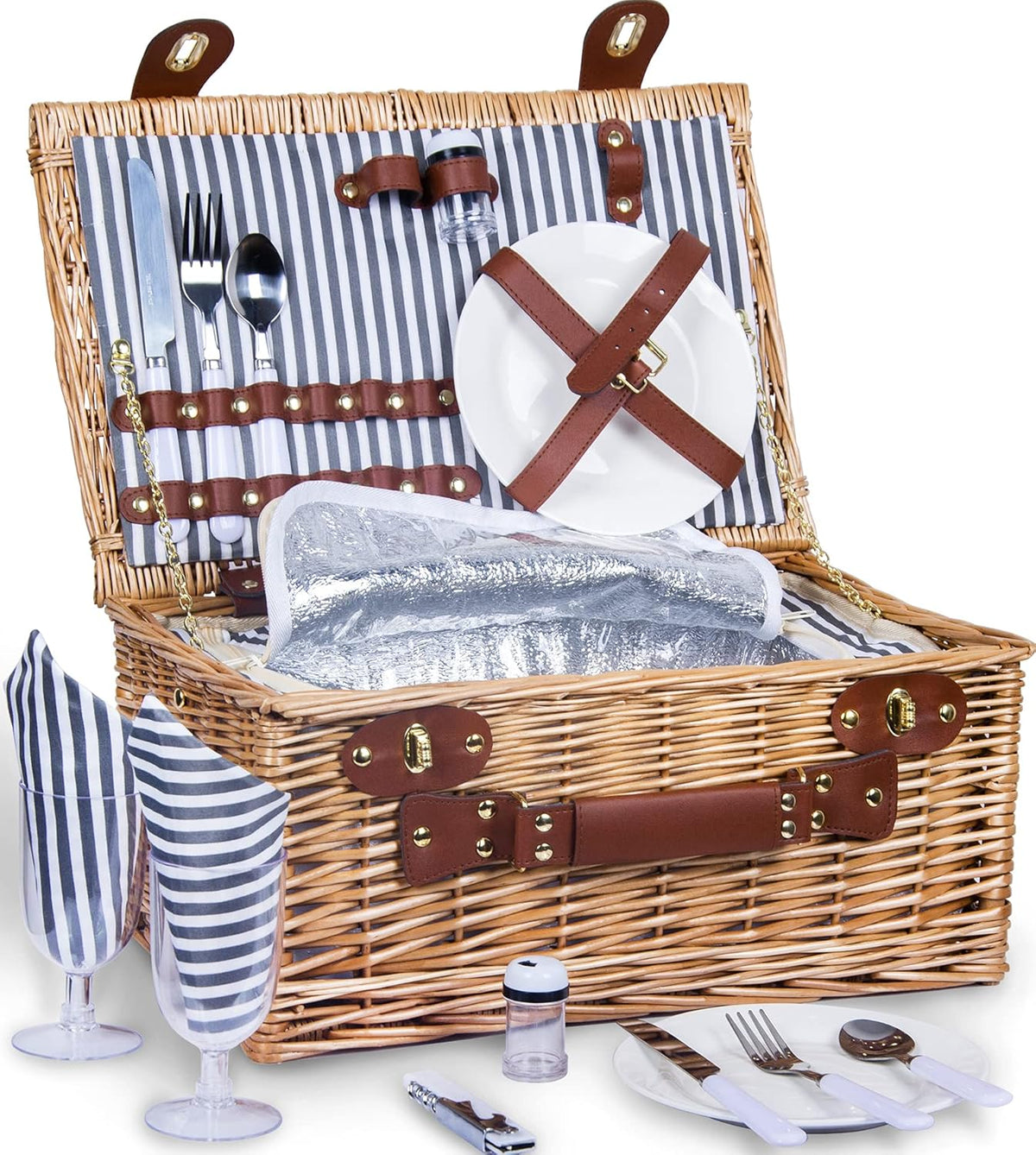 Picnic Basket for 2 with Insulated Liner, Grey Stripes E965393