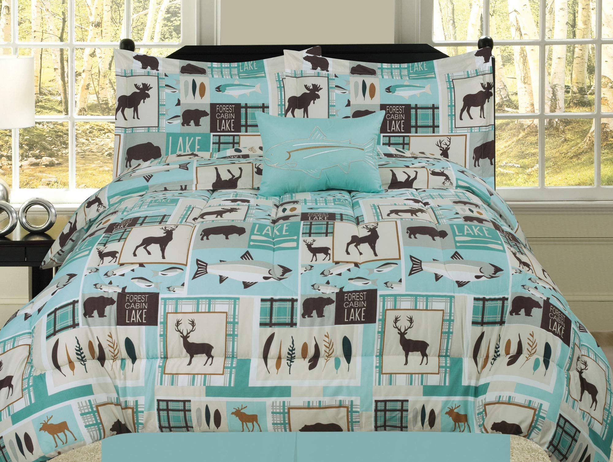Queen Fishing Lakehouse Cabin Lodge Comforter Bedding Set Bear Fish Deer Rustic, Brown Blue and Teal X938526