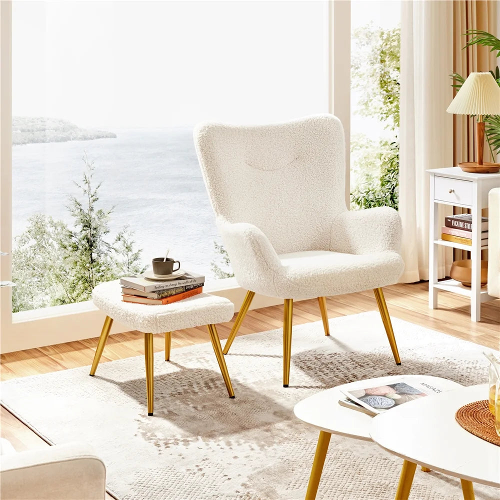 Ivory Boucle Accent Chair and Ottoman Set with Golden Metal Legs A85904