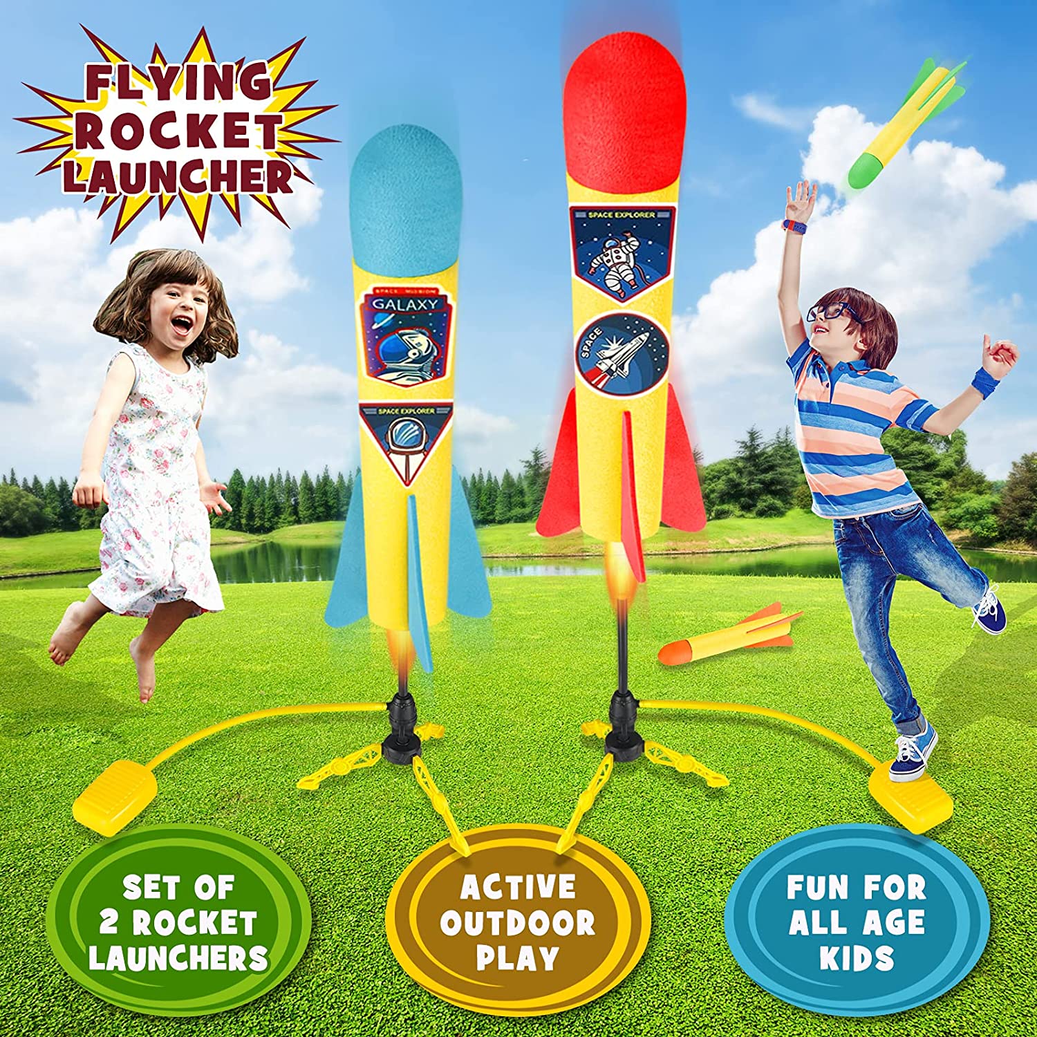 Terra Toy Rocket Launcher, 2 Launchers & 8 Foam Rockets, Outdoor Toy E499320