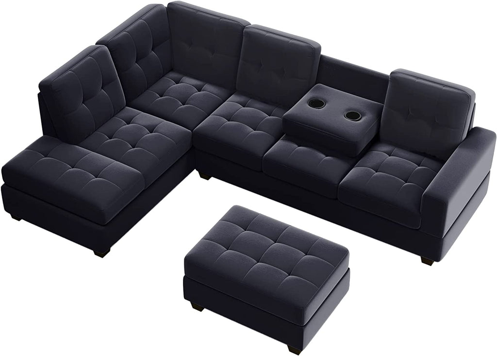 Modern Sectional Sofa with Reversible Chaise, L Shaped Couch Set with Storage Ottoman and Two Cup Holders K7034