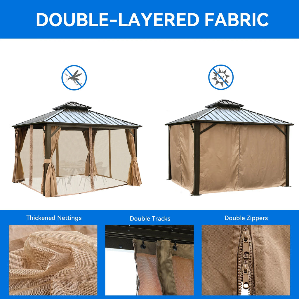 Bronze 10x10FT Double Roof Hardtop Gazebo with Nettings and Curtains Z151