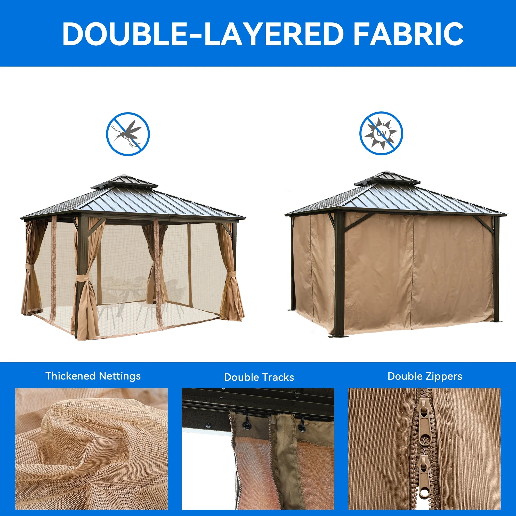 Bronze 10x10FT Double Roof Hardtop Gazebo with Nettings and Curtains Z151