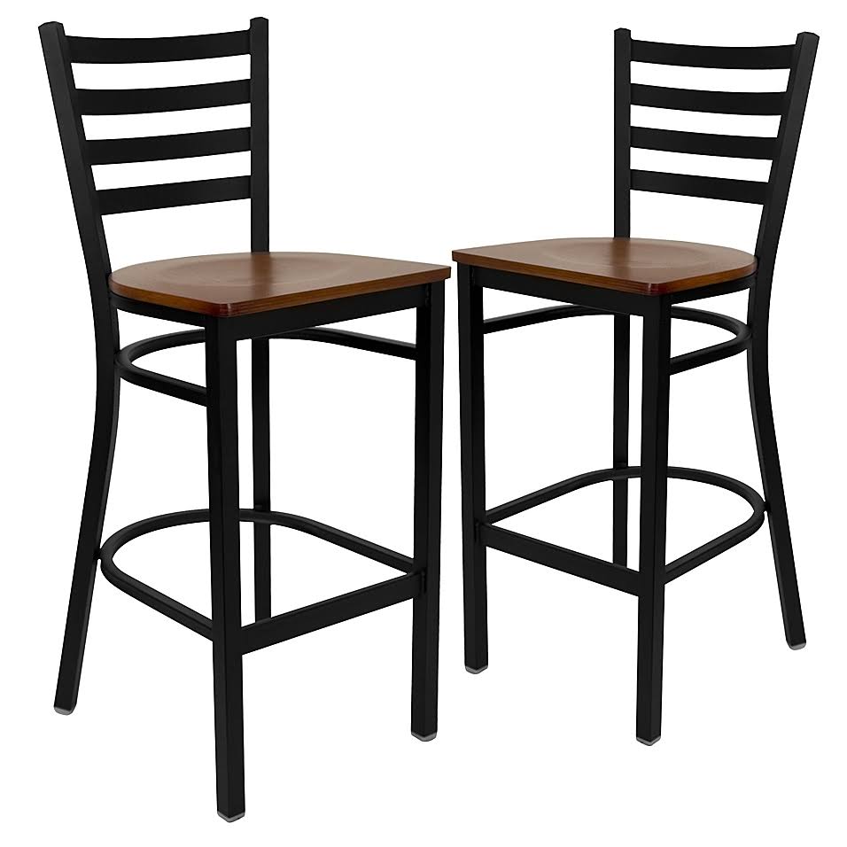 Black Metal Ladder Back Stools with Cherry Wood Seats (Set of 2) H396