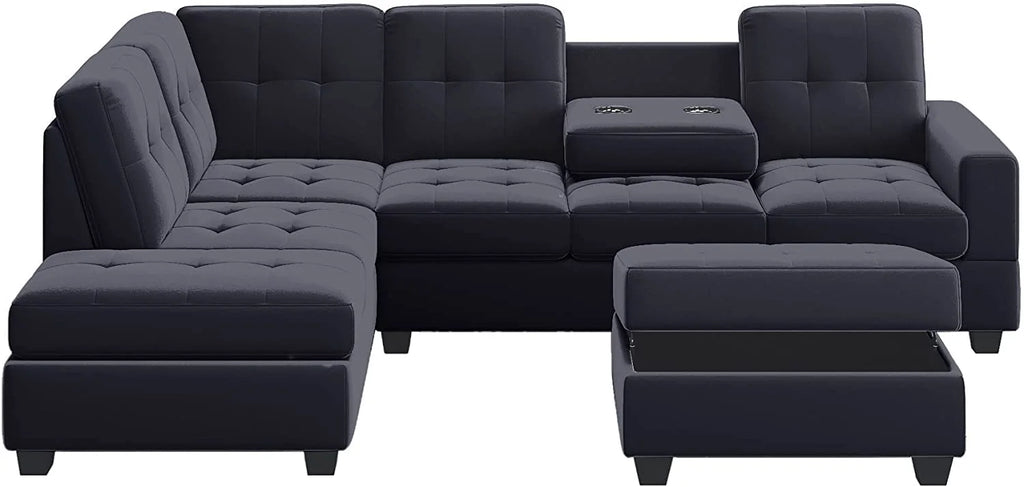 Modern Sectional Sofa with Reversible Chaise, L Shaped Couch Set with Storage Ottoman and Two Cup Holders K7034
