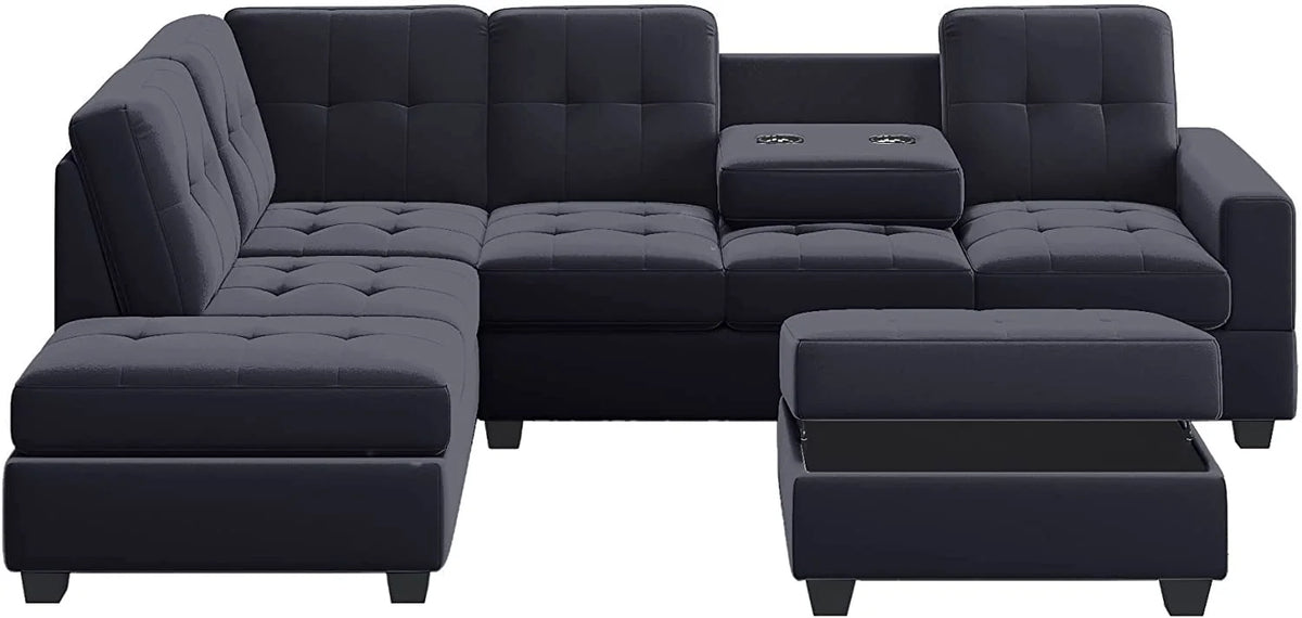 Modern Sectional Sofa with Reversible Chaise, L Shaped Couch Set with Storage Ottoman and Two Cup Holders K7034